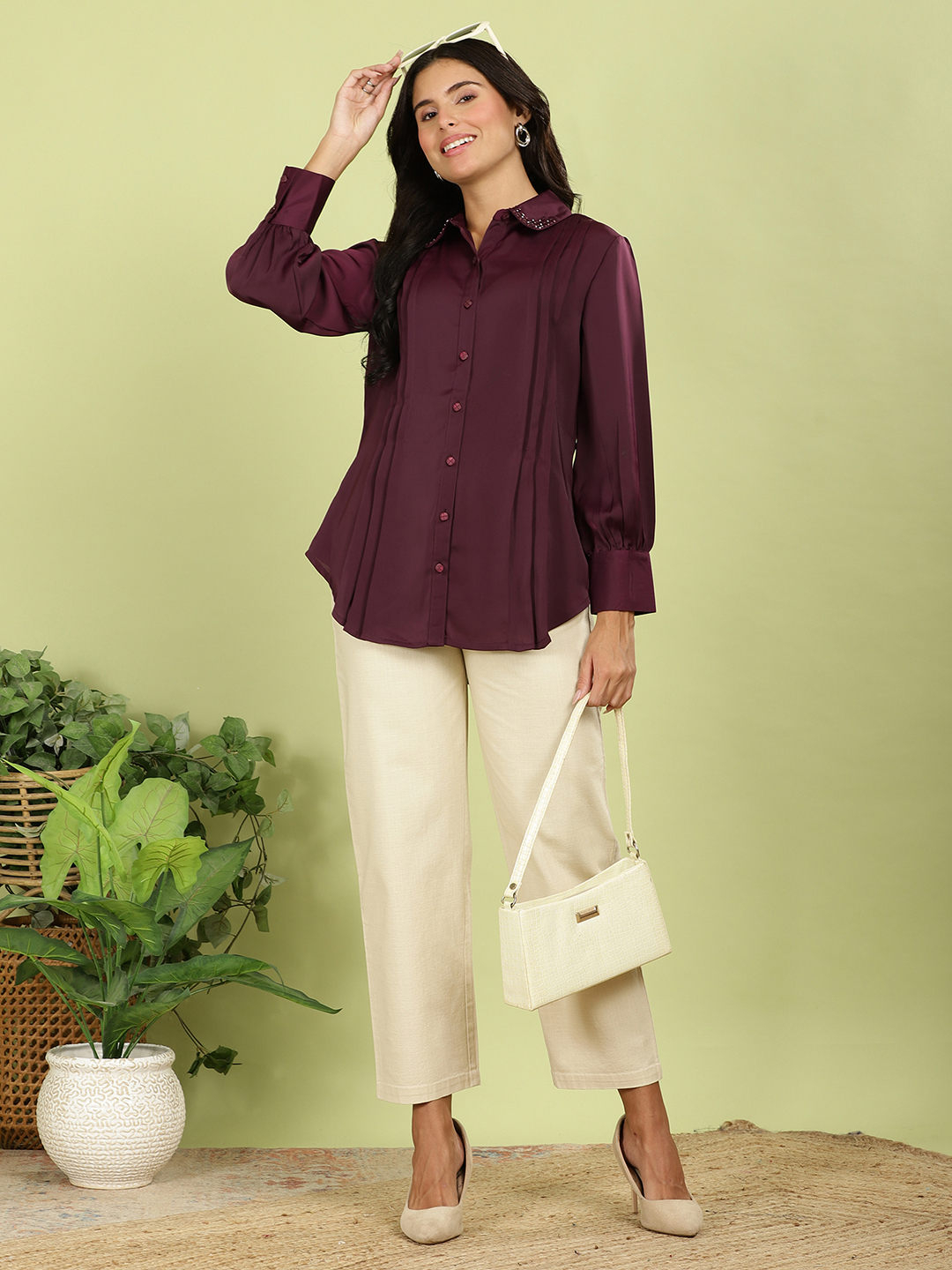 Wine Luxe Embellished Satin Shirt
