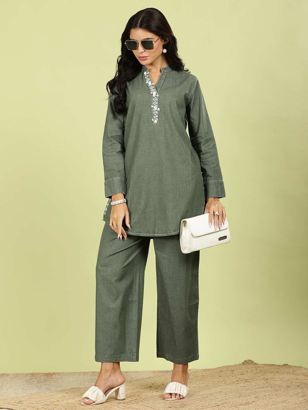 The Freya Fringed Denim Co-ord Set Green