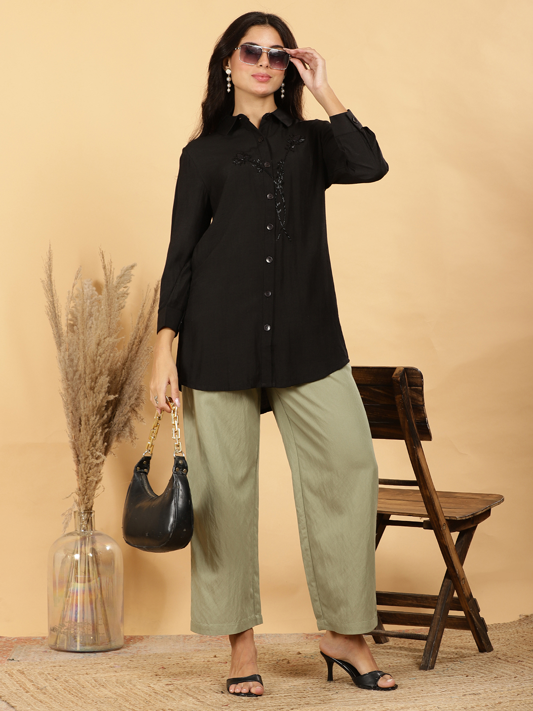 Noir Onyx Hand-Embroidered Longline Shirt
